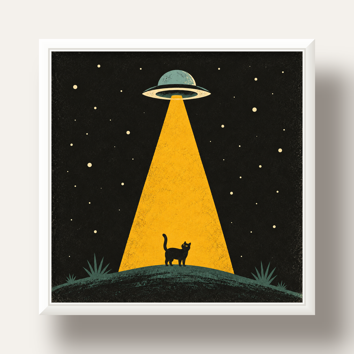 Uzaylı ve Kedi Silüetli Dijital Poster – Gece Gökyüzü Tasarımı — beyaz derin çerçeveli