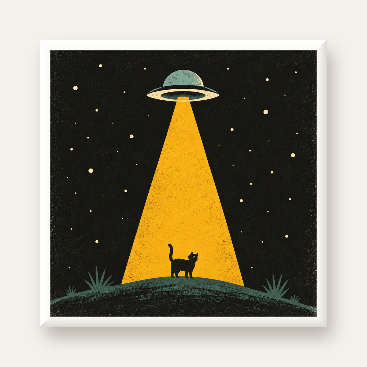 Uzaylı ve Kedi Silüetli Dijital Poster – Gece Gökyüzü Tasarımı — beyaz çerçeveli kare poster