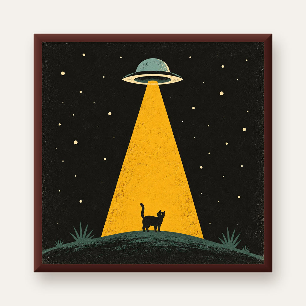 Uzaylı ve Kedi Silüetli Dijital Poster – Gece Gökyüzü Tasarımı — ceviz çerçeveli