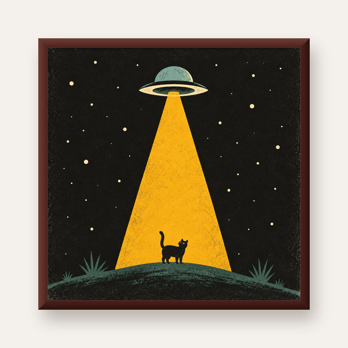 Uzaylı ve Kedi Silüetli Dijital Poster – Gece Gökyüzü Tasarımı — ceviz çerçeveli