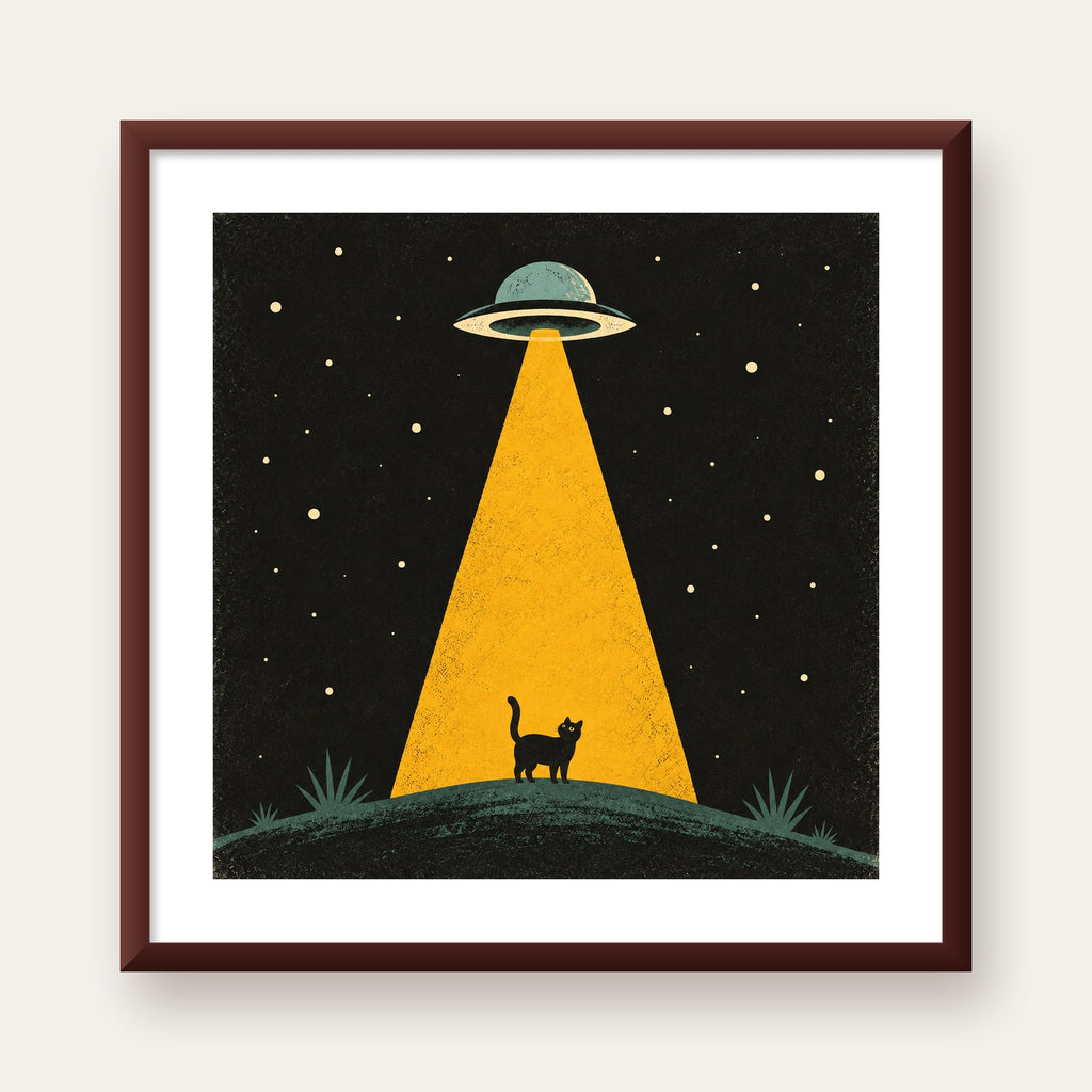 Uzaylı ve Kedi Silüetli Dijital Poster – Gece Gökyüzü Tasarımı — ceviz çerçeveli paspartulu