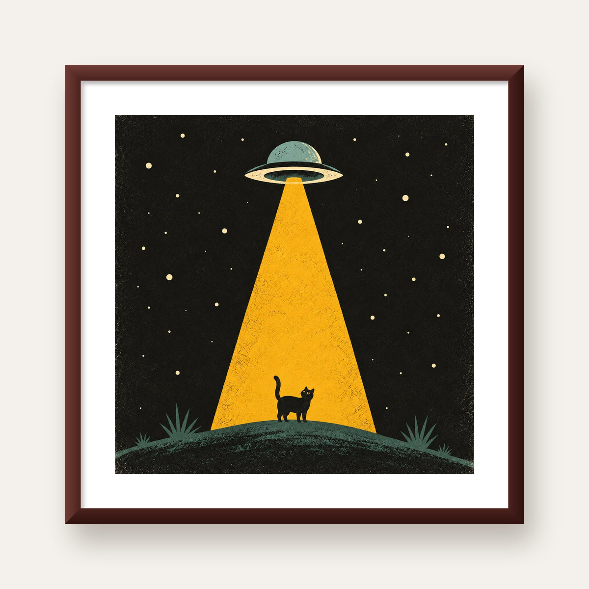Uzaylı ve Kedi Silüetli Dijital Poster – Gece Gökyüzü Tasarımı — ceviz çerçeveli paspartulu