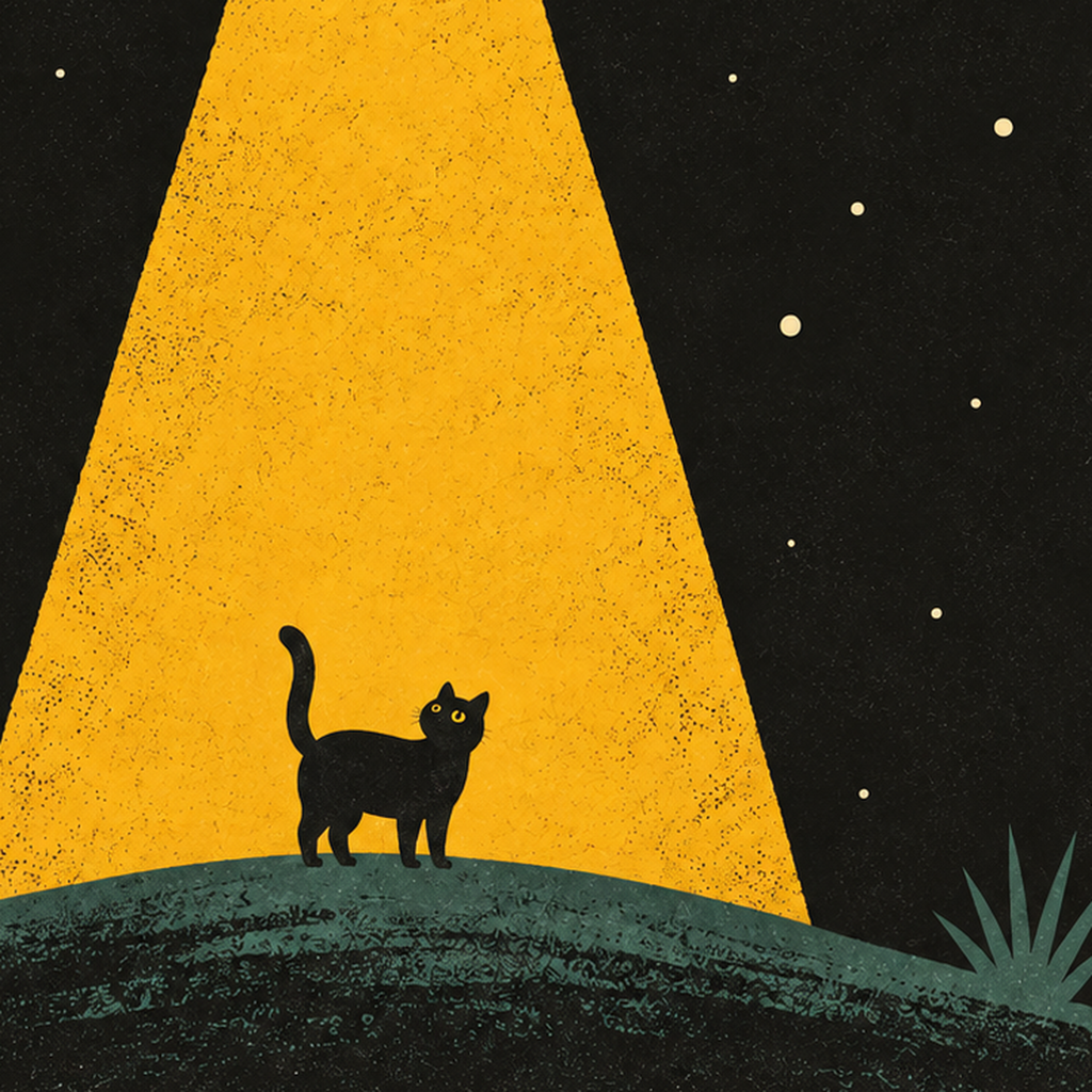 Uzaylı ve Kedi Silüetli Dijital Poster – Gece Gökyüzü Tasarımı — baskının yakın çekimi, kâğıt dokusu ve renk detayı