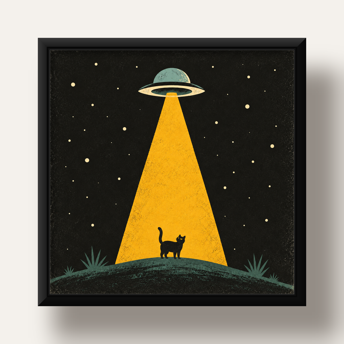 Uzaylı ve Kedi Silüetli Dijital Poster – Gece Gökyüzü Tasarımı — siyah derin çerçeveli