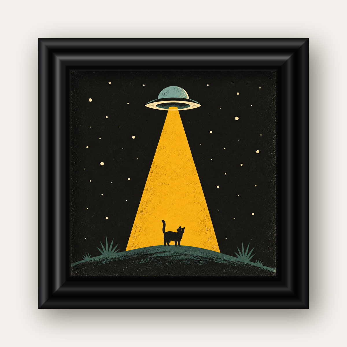 Uzaylı ve Kedi Silüetli Dijital Poster – Gece Gökyüzü Tasarımı — siyah galeri çerçeveli