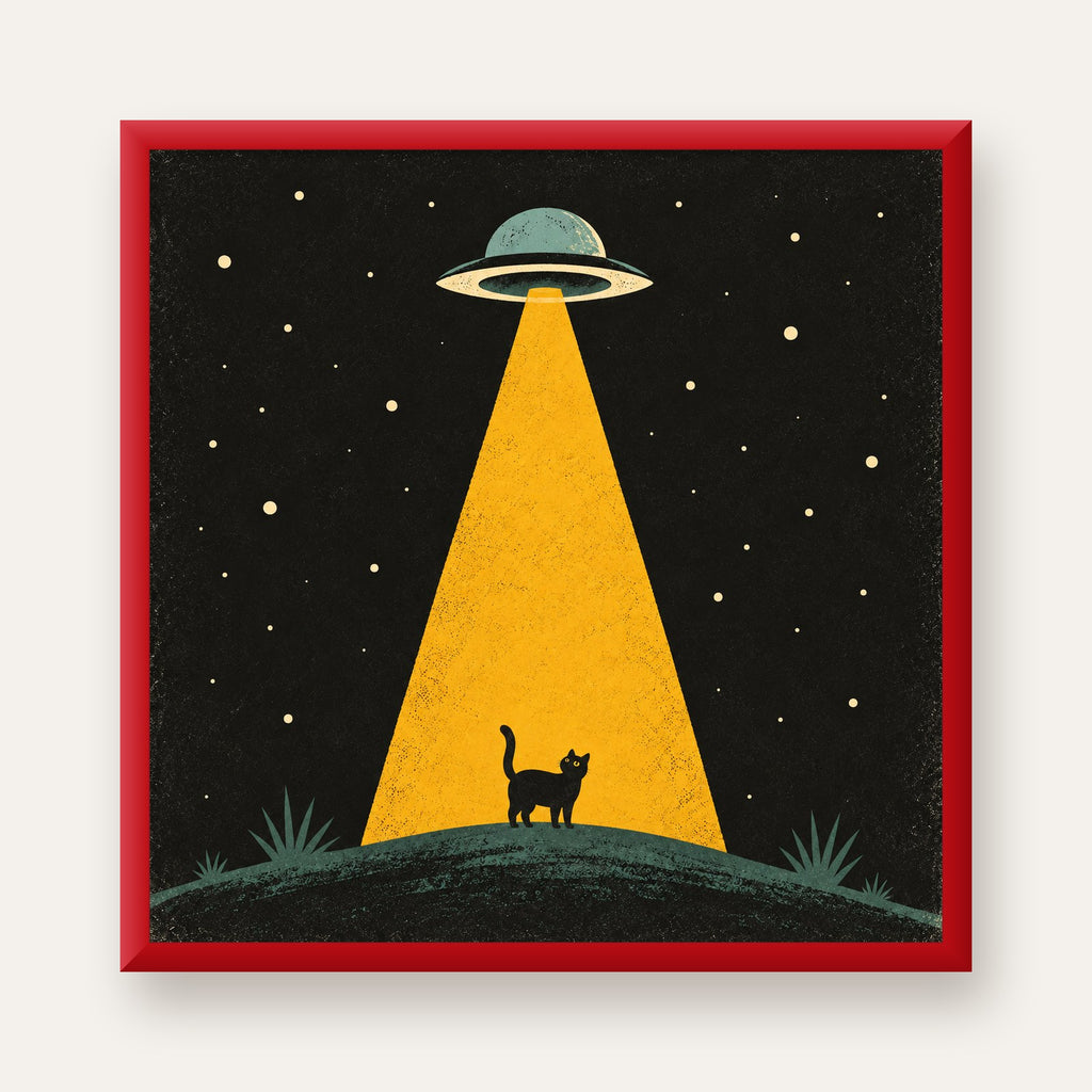 Uzaylı ve Kedi Silüetli Dijital Poster – Gece Gökyüzü Tasarımı — kırmızı çerçeveli