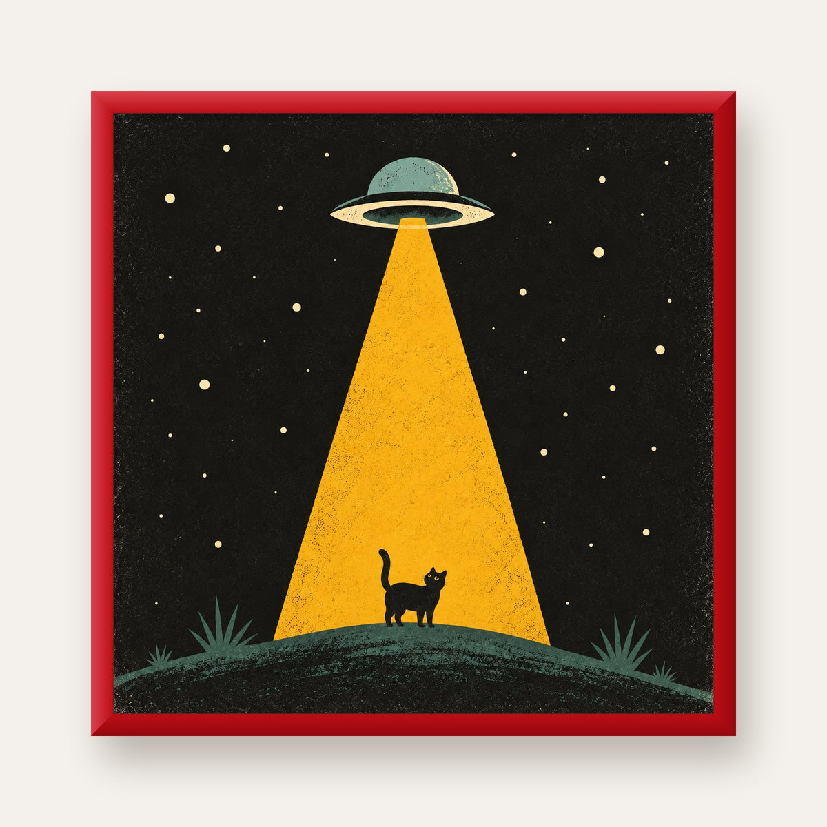 Uzaylı ve Kedi Silüetli Dijital Poster – Gece Gökyüzü Tasarımı — kırmızı çerçeveli