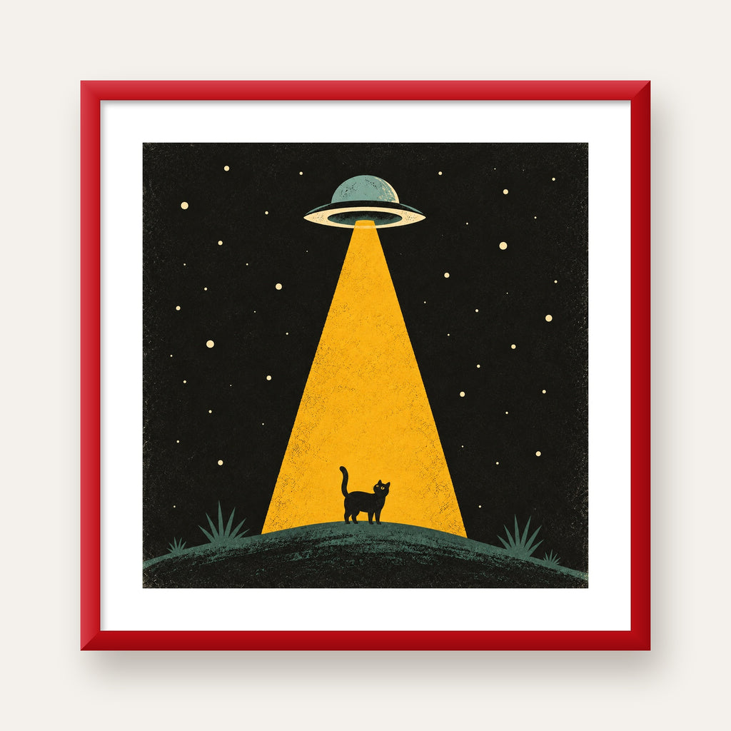 Uzaylı ve Kedi Silüetli Dijital Poster – Gece Gökyüzü Tasarımı — kırmızı çerçeveli paspartulu