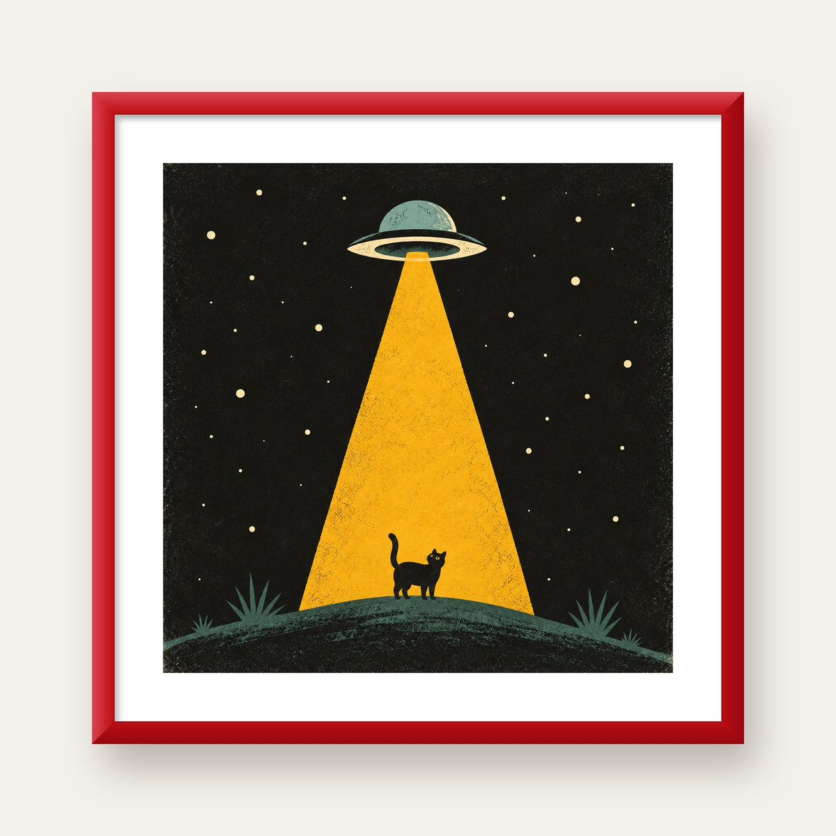 Uzaylı ve Kedi Silüetli Dijital Poster – Gece Gökyüzü Tasarımı — kırmızı çerçeveli paspartulu