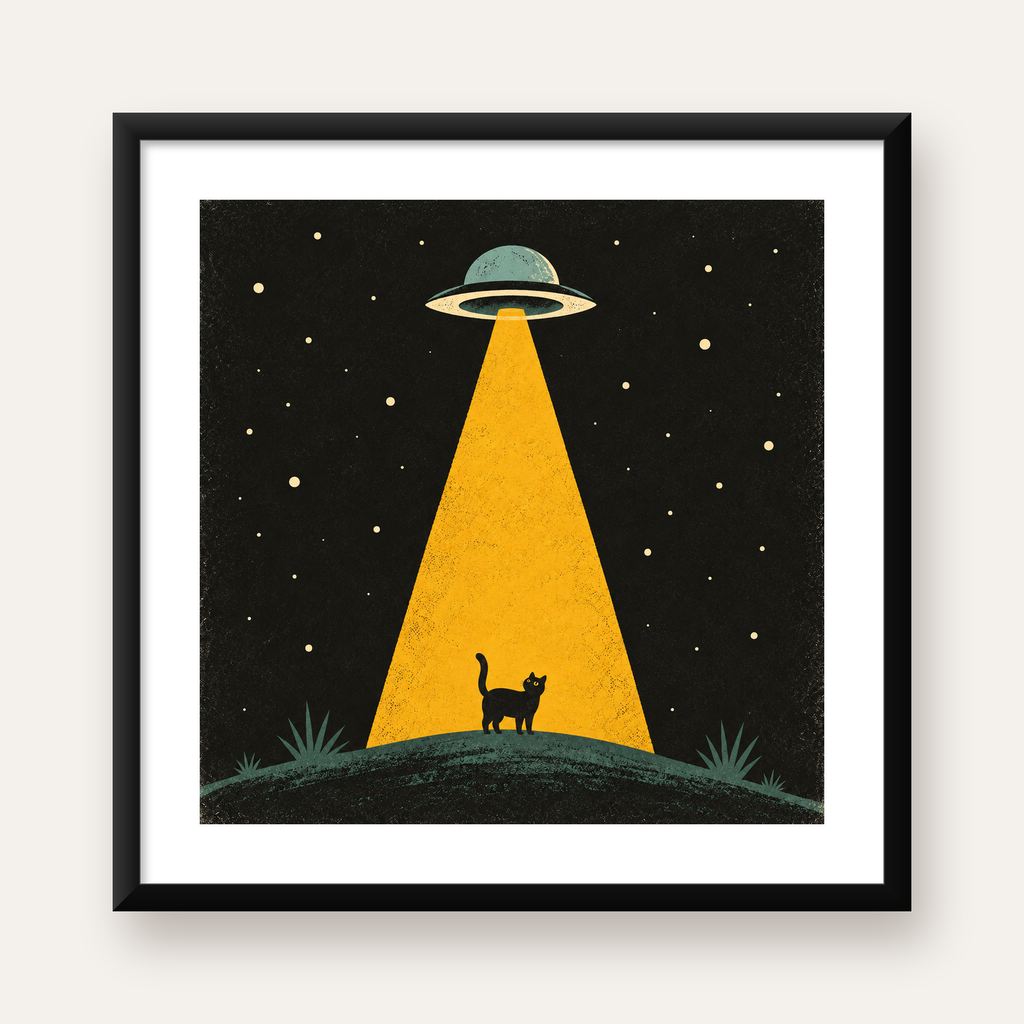 Uzaylı ve Kedi Silüetli Dijital Poster – Gece Gökyüzü Tasarımı — Kare baskı, beyaz paspartulu