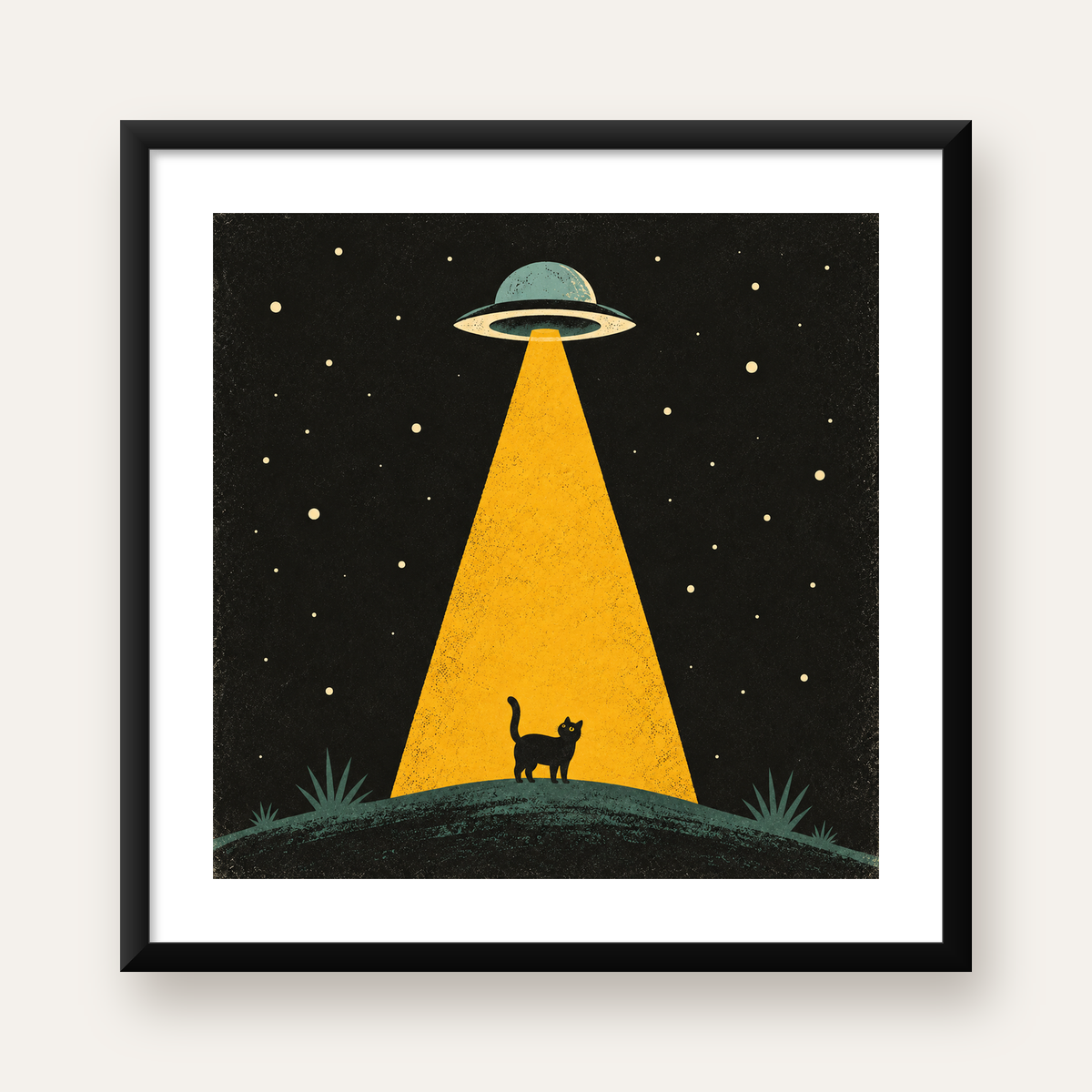 Uzaylı ve Kedi Silüetli Dijital Poster – Gece Gökyüzü Tasarımı — Kare baskı, beyaz paspartulu