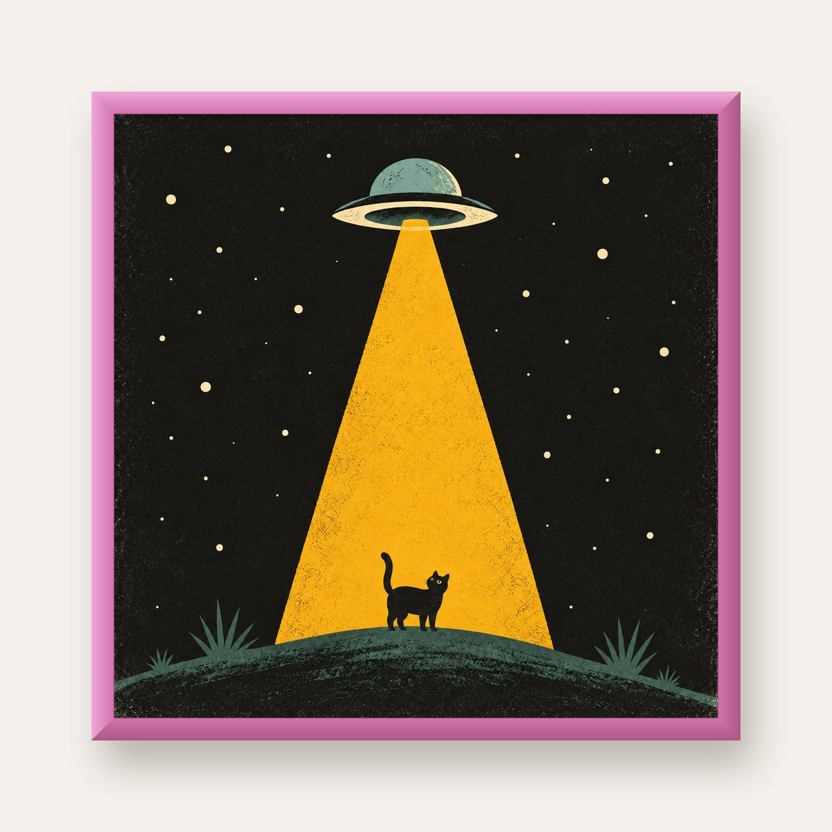 Uzaylı ve Kedi Silüetli Dijital Poster – Gece Gökyüzü Tasarımı — pembe çerçeveli