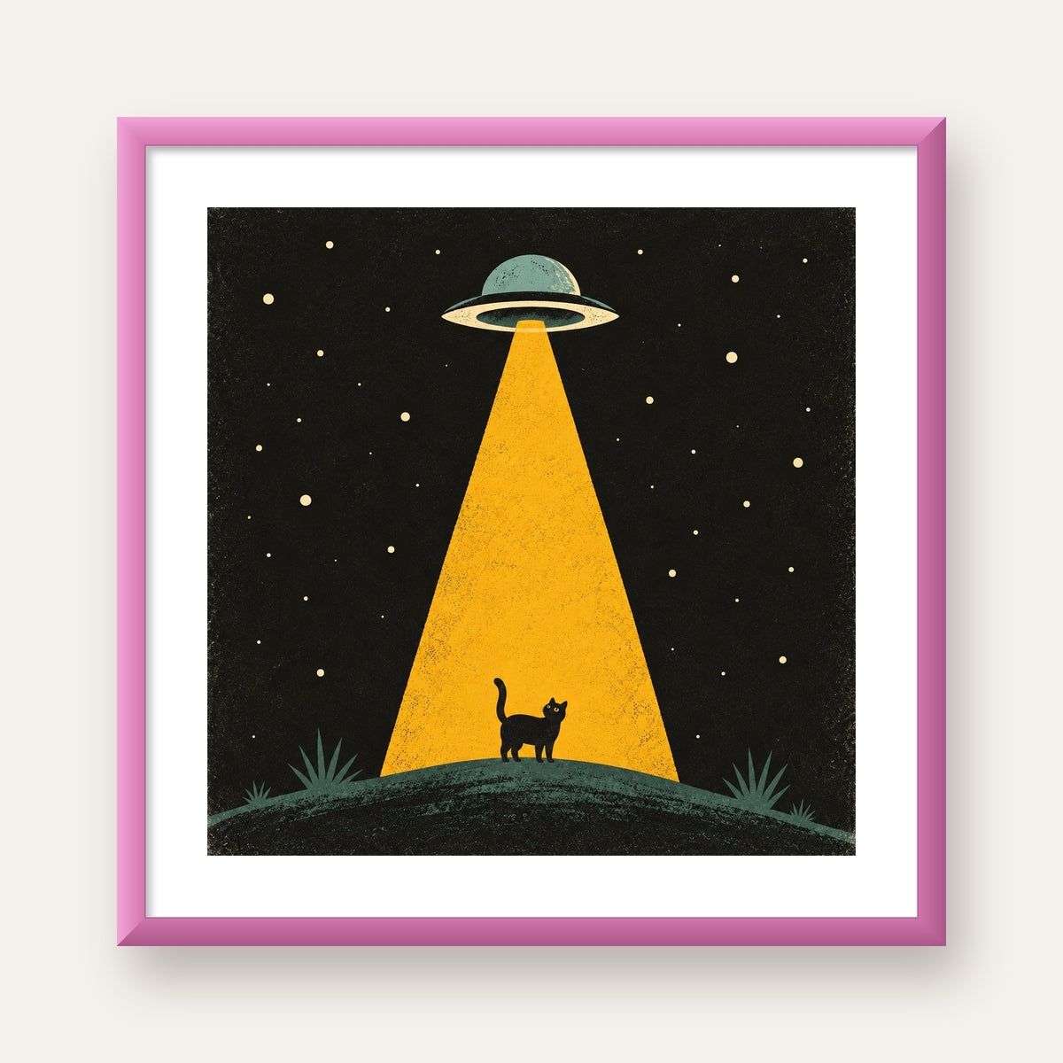 Uzaylı ve Kedi Silüetli Dijital Poster – Gece Gökyüzü Tasarımı — pembe çerçeveli paspartulu