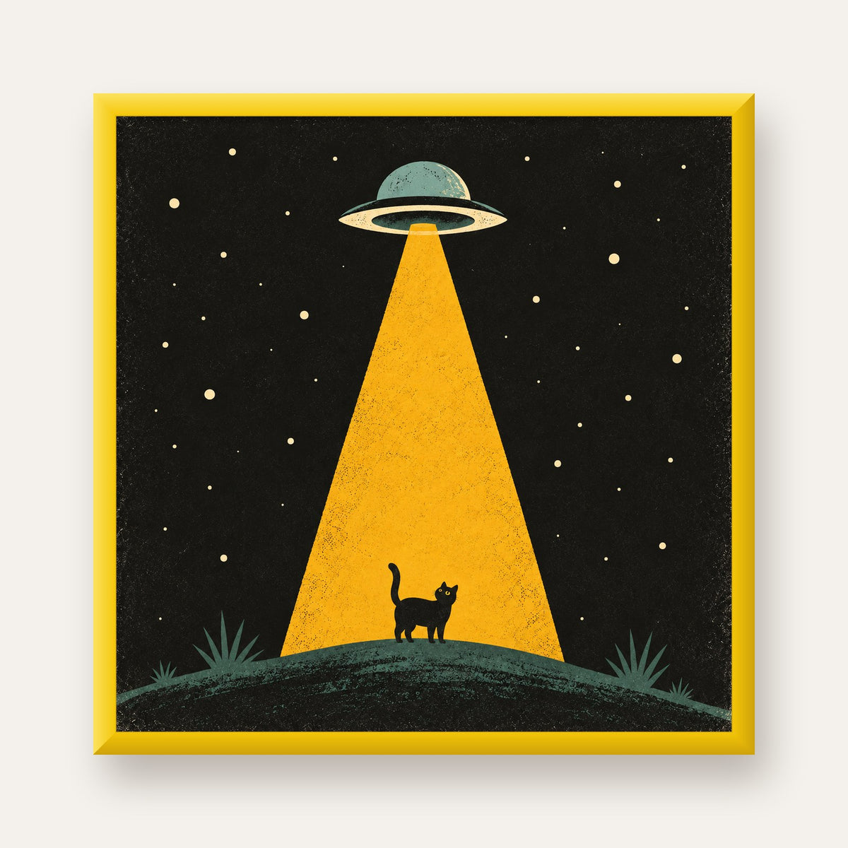 Uzaylı ve Kedi Silüetli Dijital Poster – Gece Gökyüzü Tasarımı — sarı çerçeveli