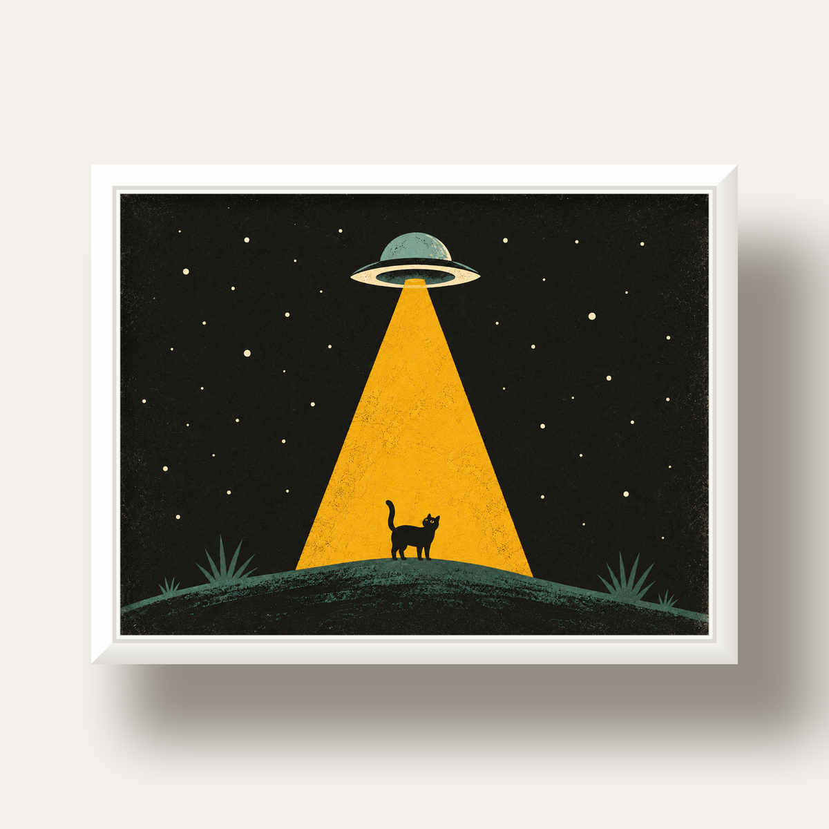 Uzaylı ve Kedi Silüetli Dijital Poster – Gece Gökyüzü Tasarımı — beyaz derin çerçeveli