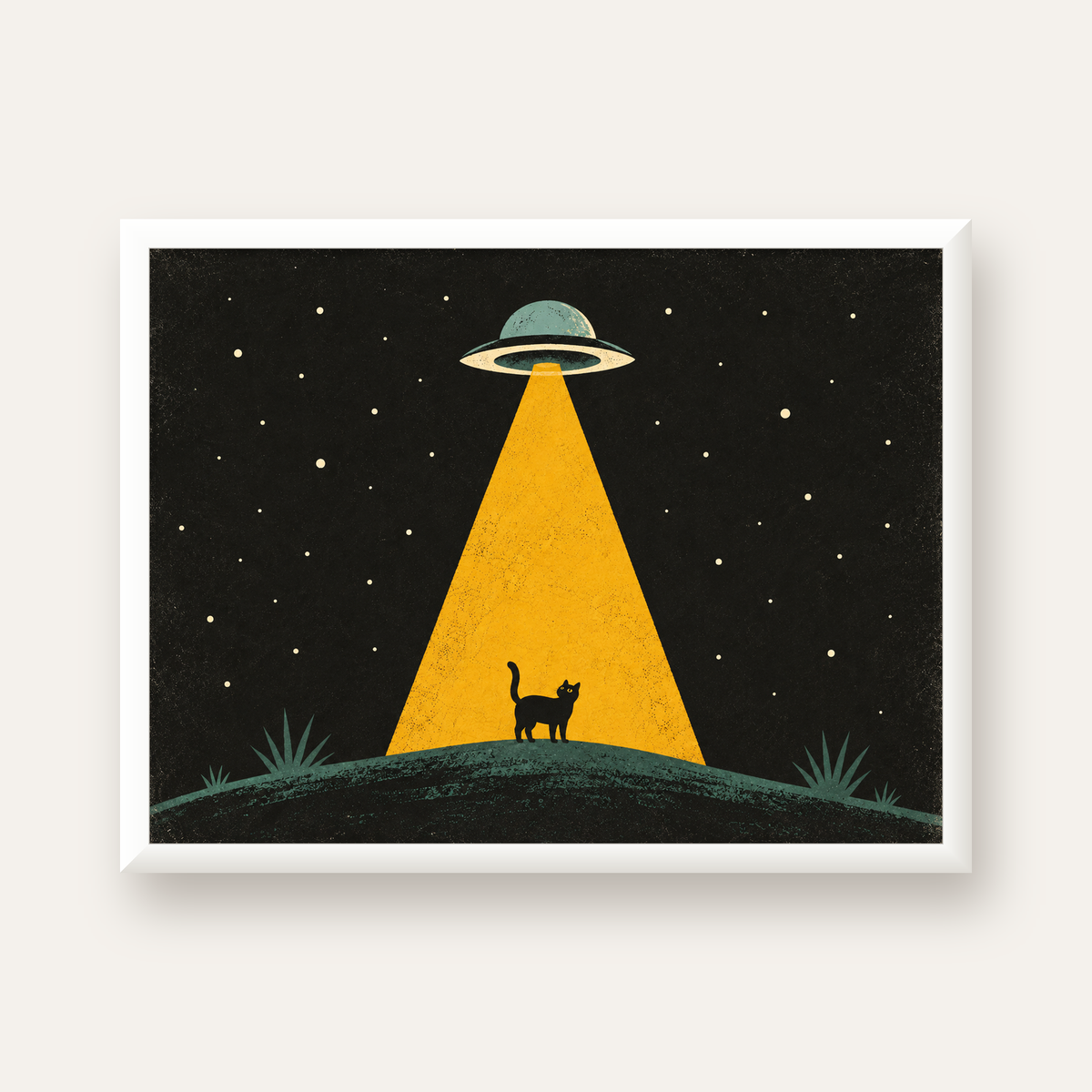 Uzaylı ve Kedi Silüetli Dijital Poster – Gece Gökyüzü Tasarımı — beyaz çerçeveli yatay poster