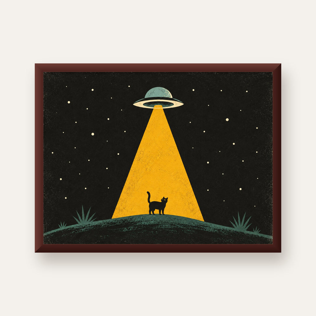 Uzaylı ve Kedi Silüetli Dijital Poster – Gece Gökyüzü Tasarımı — ceviz çerçeveli