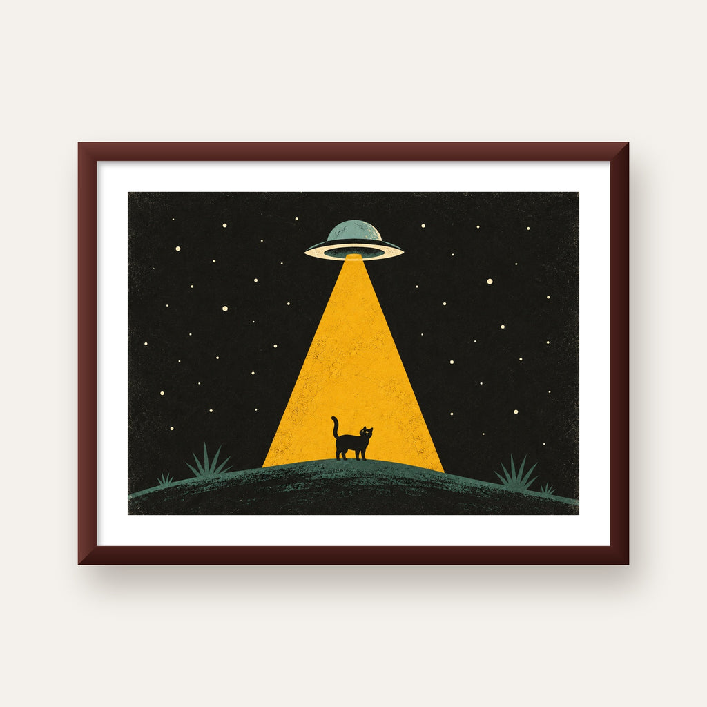 Uzaylı ve Kedi Silüetli Dijital Poster – Gece Gökyüzü Tasarımı — ceviz çerçeveli paspartulu