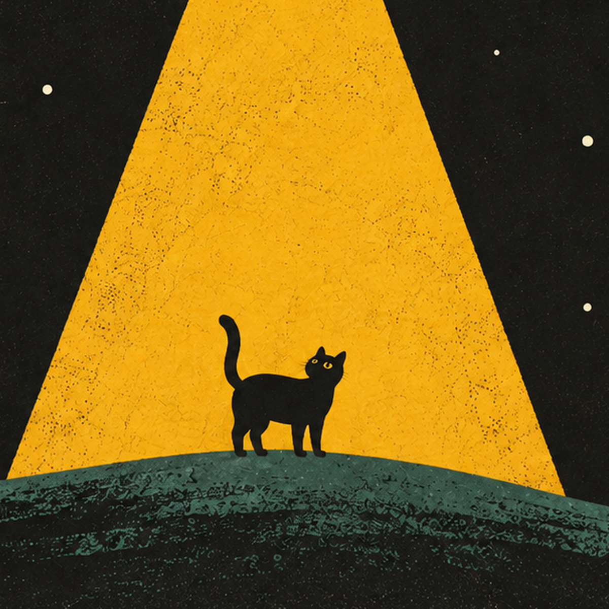 Uzaylı ve Kedi Silüetli Dijital Poster – Gece Gökyüzü Tasarımı — baskının yakın çekimi, kâğıt dokusu ve renk detayı