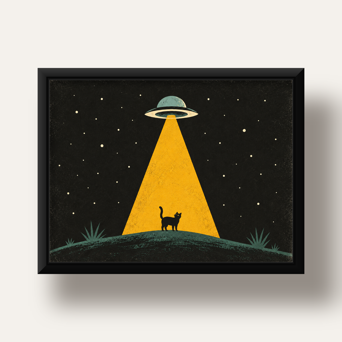 Uzaylı ve Kedi Silüetli Dijital Poster – Gece Gökyüzü Tasarımı — siyah derin çerçeveli