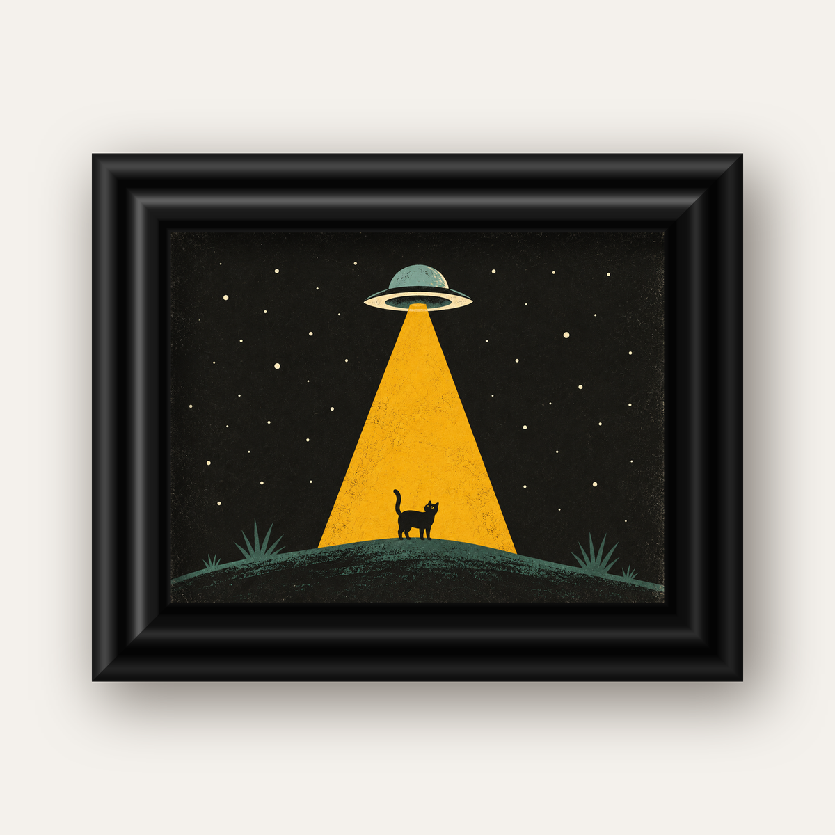 Uzaylı ve Kedi Silüetli Dijital Poster – Gece Gökyüzü Tasarımı — siyah galeri çerçeveli