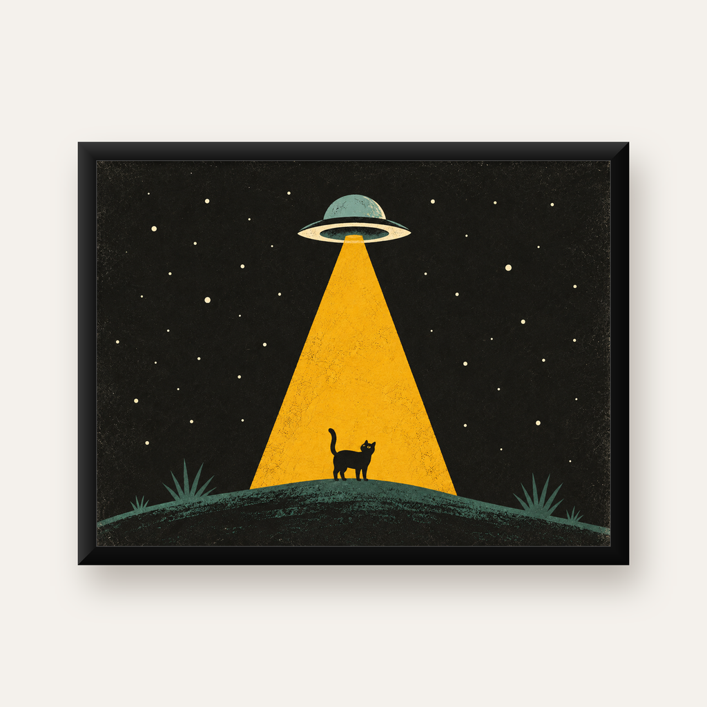 Uzaylı ve Kedi Silüetli Dijital Poster – Gece Gökyüzü Tasarımı — Yatay baskı, düz siyah çerçeveli duvar posteri