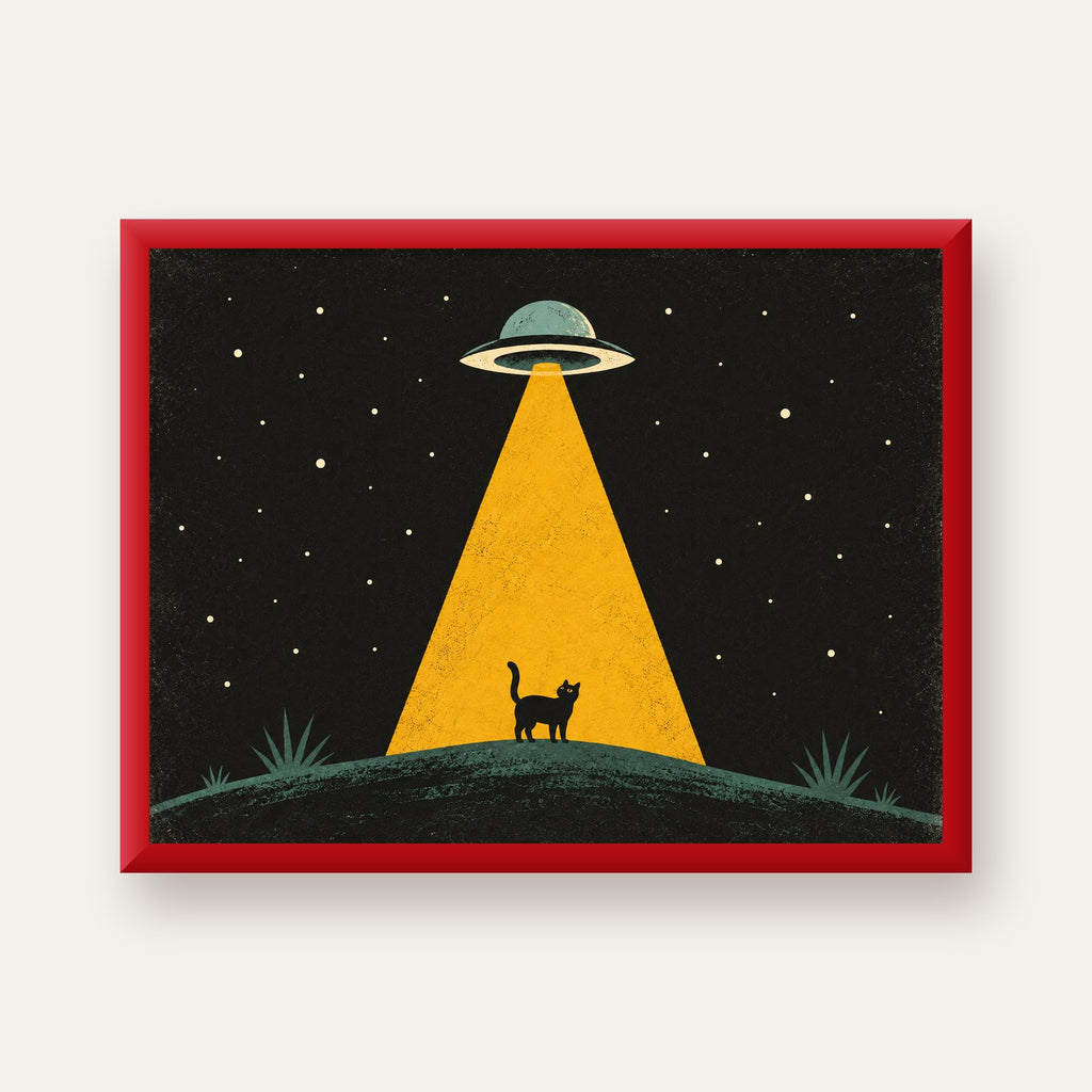Uzaylı ve Kedi Silüetli Dijital Poster – Gece Gökyüzü Tasarımı — kırmızı çerçeveli