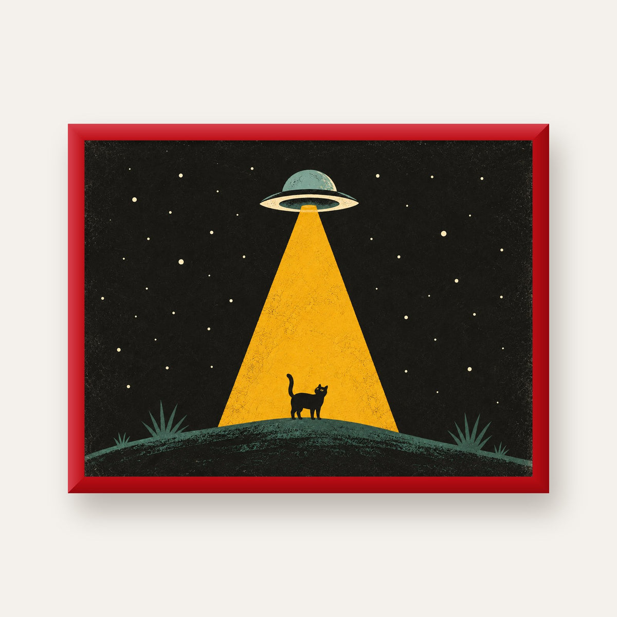 Uzaylı ve Kedi Silüetli Dijital Poster – Gece Gökyüzü Tasarımı — kırmızı çerçeveli