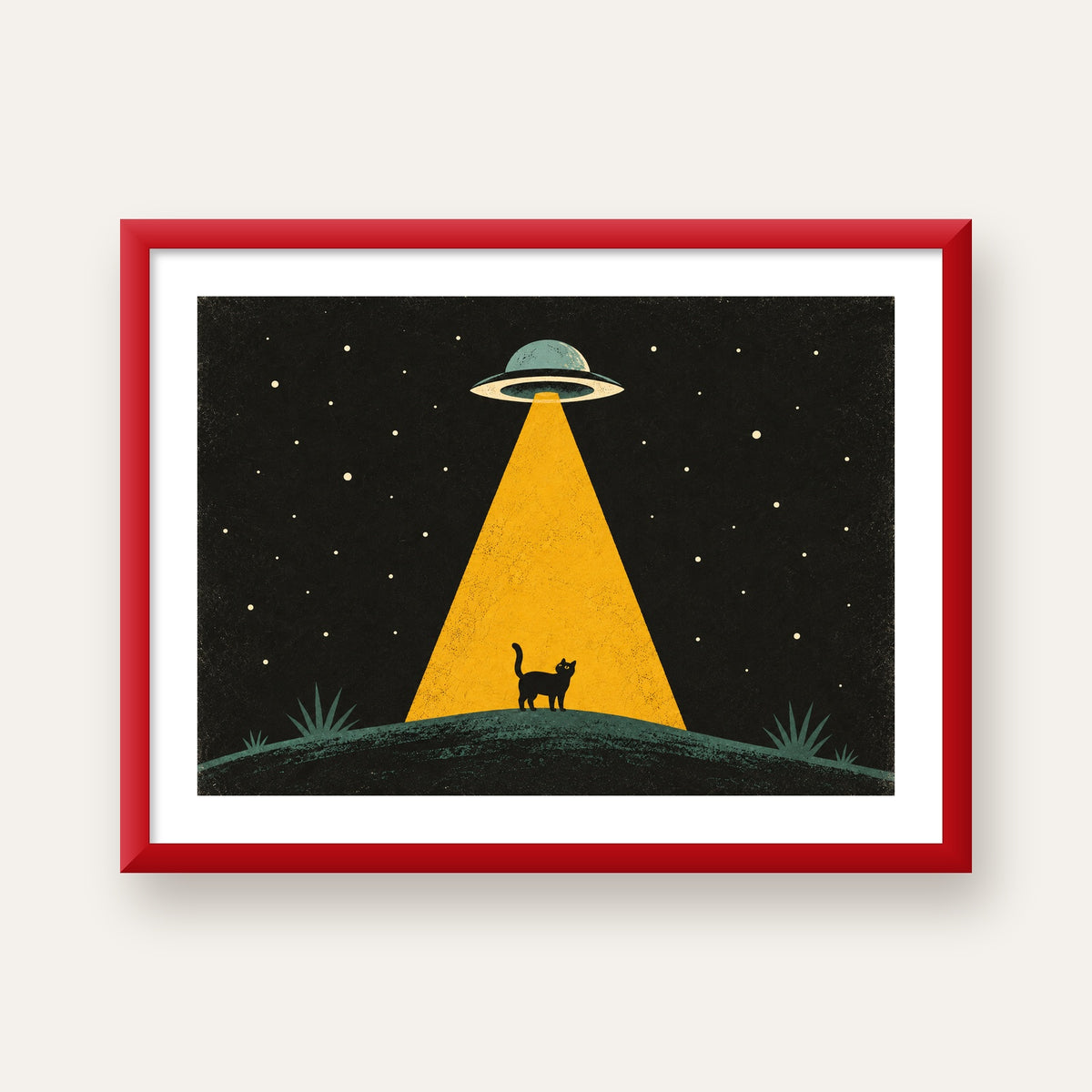 Uzaylı ve Kedi Silüetli Dijital Poster – Gece Gökyüzü Tasarımı — kırmızı çerçeveli paspartulu
