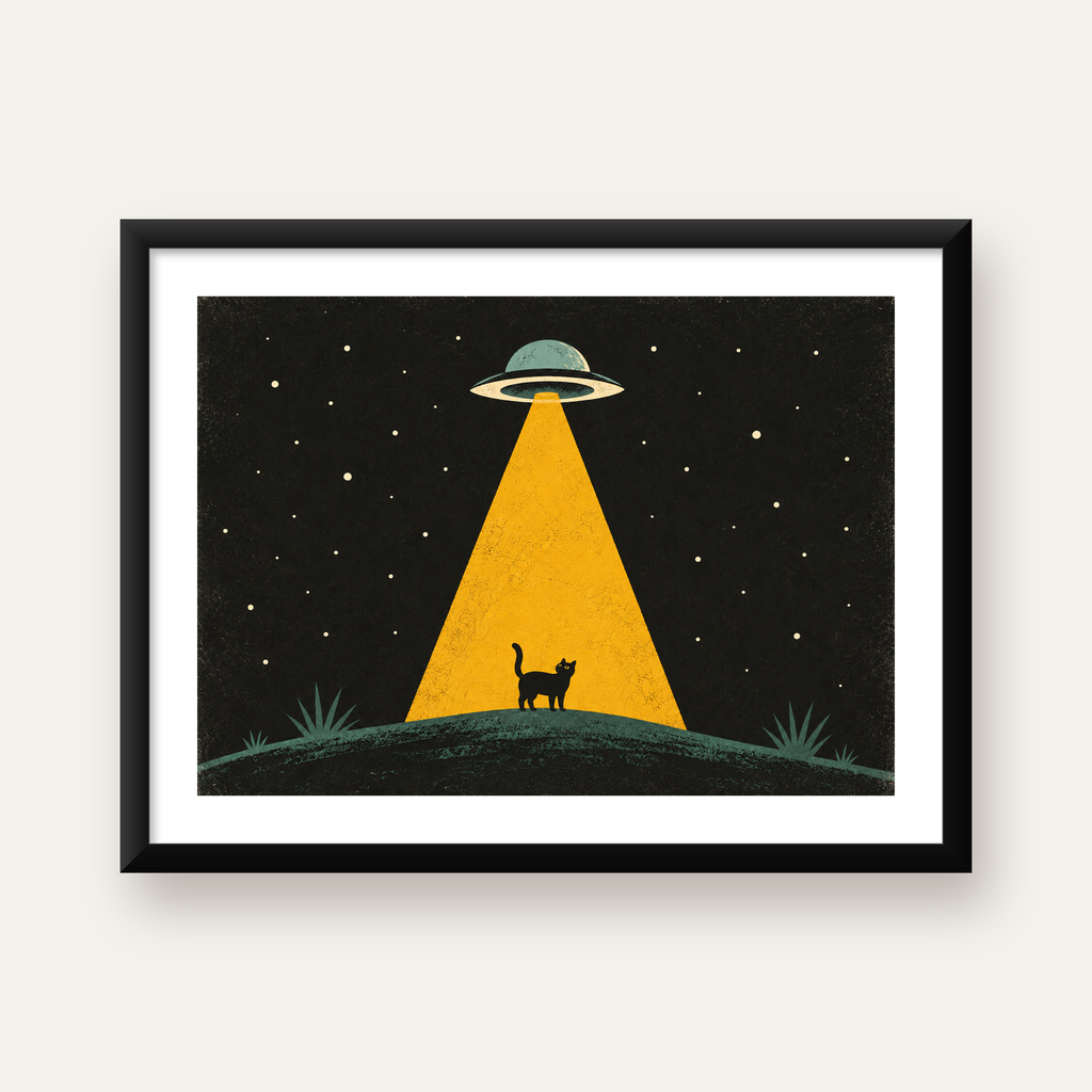 Uzaylı ve Kedi Silüetli Dijital Poster – Gece Gökyüzü Tasarımı — Yatay baskı, beyaz paspartulu