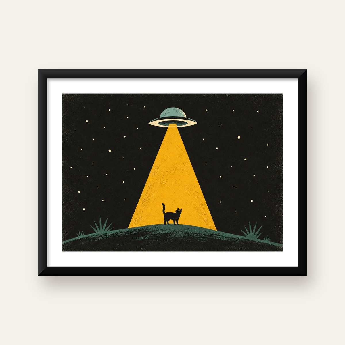 Uzaylı ve Kedi Silüetli Dijital Poster – Gece Gökyüzü Tasarımı — Yatay baskı, beyaz paspartulu