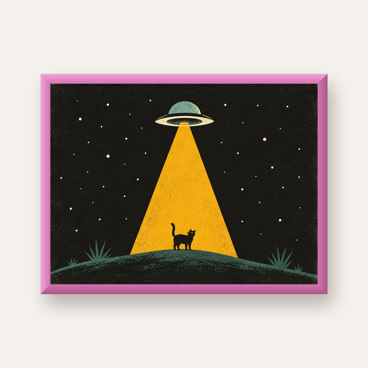 Uzaylı ve Kedi Silüetli Dijital Poster – Gece Gökyüzü Tasarımı — pembe çerçeveli