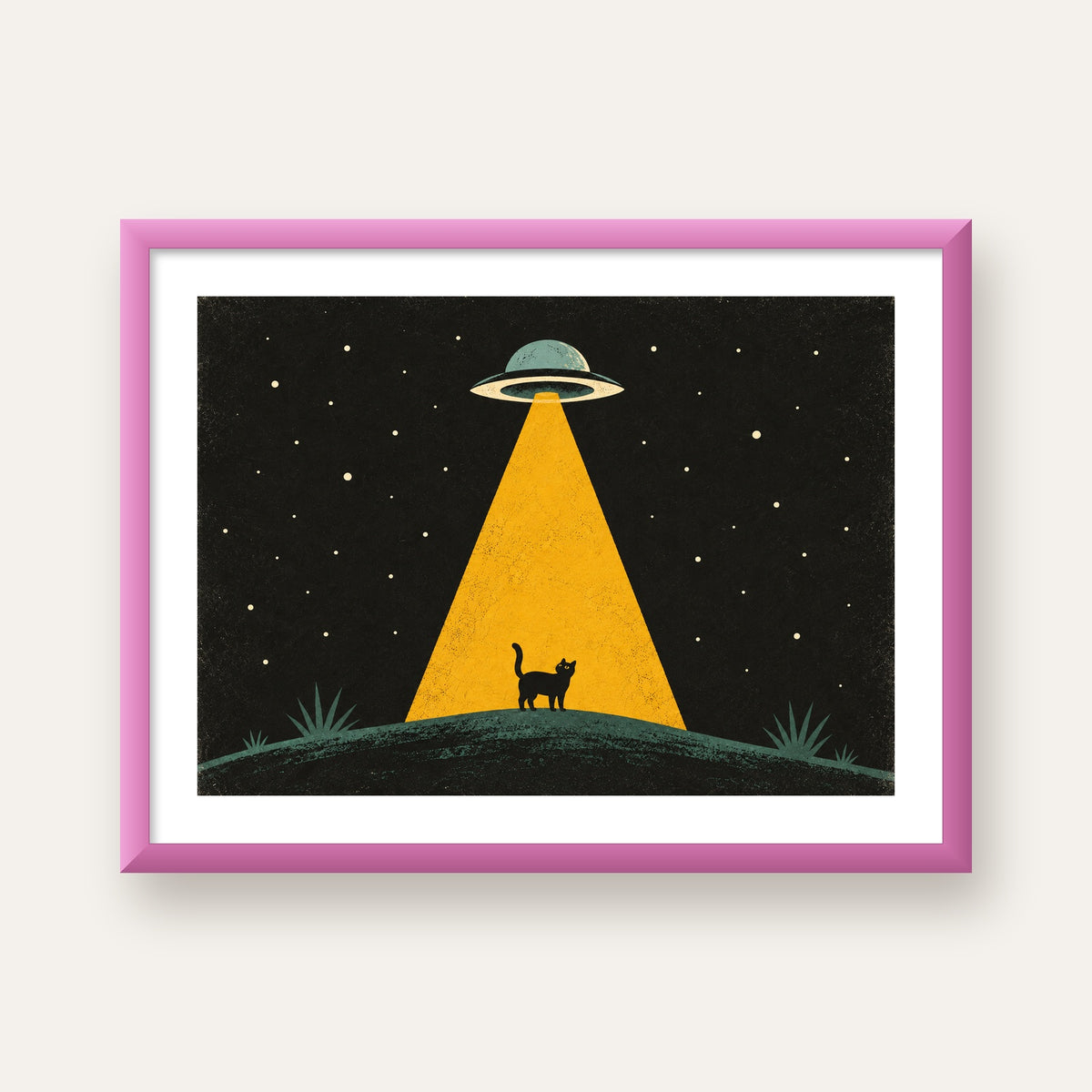 Uzaylı ve Kedi Silüetli Dijital Poster – Gece Gökyüzü Tasarımı — pembe çerçeveli paspartulu