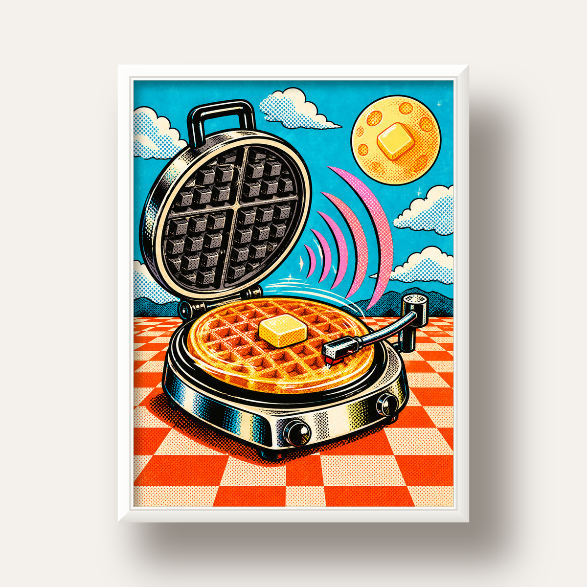 Retro Waffle Pikap Poster – Pop-Art, Müzikli Duvar Dekoru — beyaz derin çerçeveli