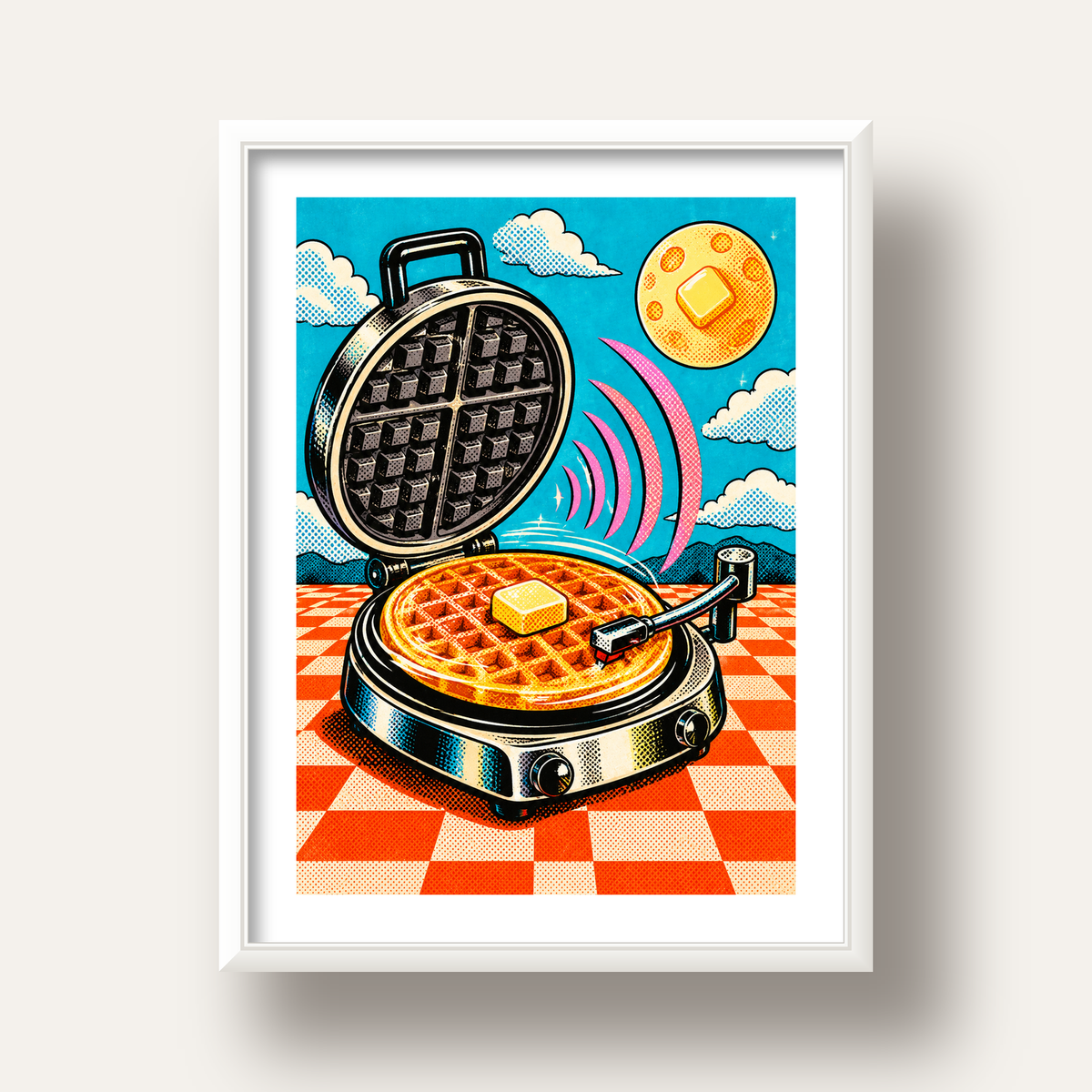 Retro Waffle Pikap Poster – Pop-Art, Müzikli Duvar Dekoru — beyaz derin çerçeveli paspartulu