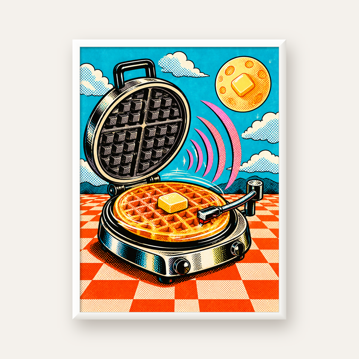 Retro Waffle Pikap Poster – Pop-Art, Müzikli Duvar Dekoru — beyaz çerçeveli dikey poster