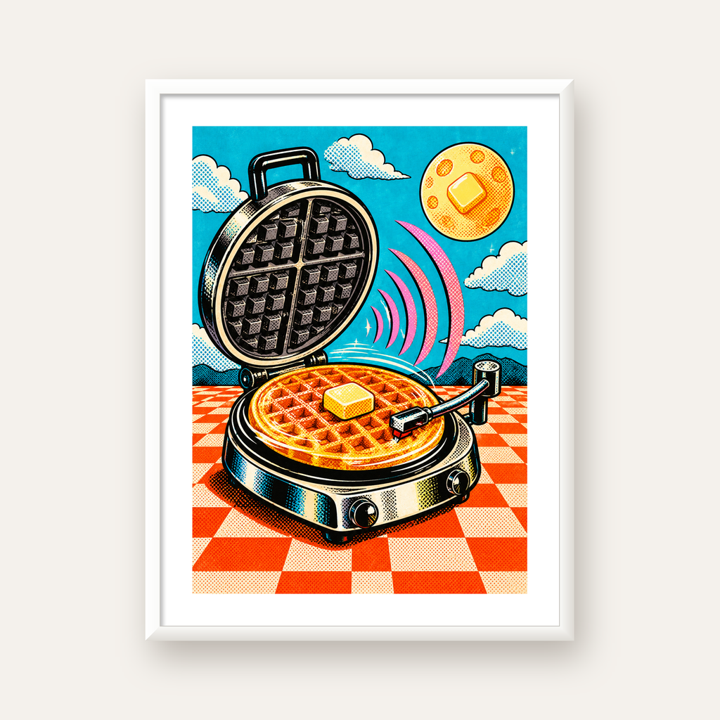 Retro Waffle Pikap Poster – Pop-Art, Müzikli Duvar Dekoru — beyaz çerçeveli dikey poster