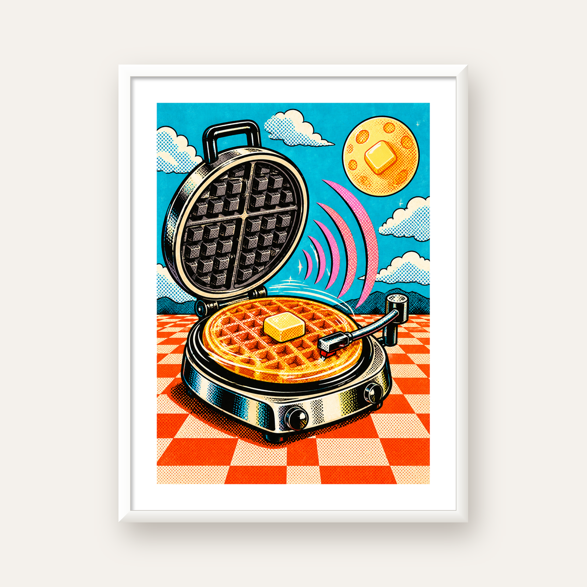 Retro Waffle Pikap Poster – Pop-Art, Müzikli Duvar Dekoru — beyaz çerçeveli dikey poster