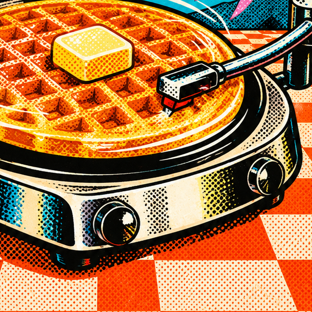 Retro Waffle Pikap Poster – Pop-Art, Müzikli Duvar Dekoru — baskının yakın çekimi, kâğıt dokusu ve renk detayı