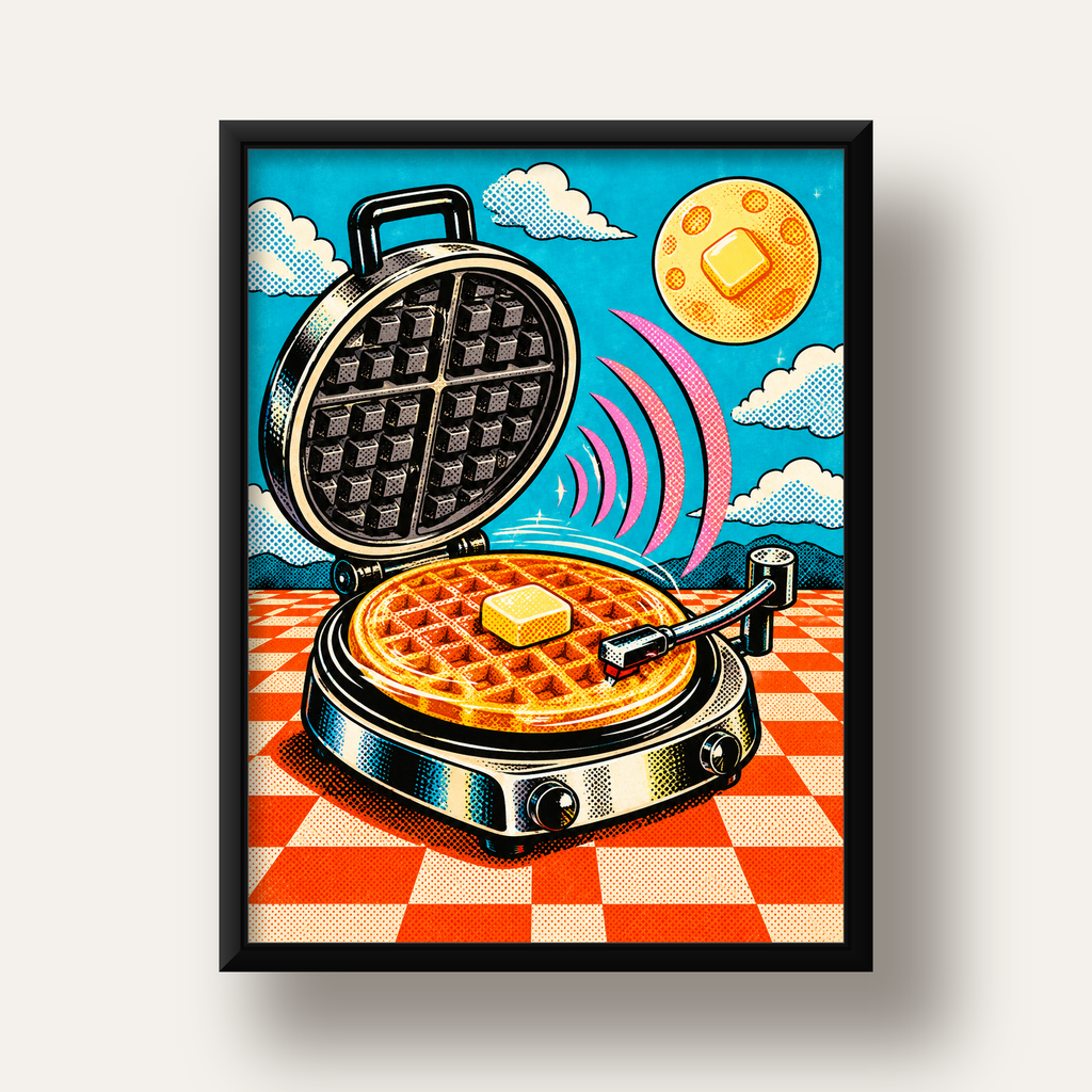 Retro Waffle Pikap Poster – Pop-Art, Müzikli Duvar Dekoru — siyah derin çerçeveli