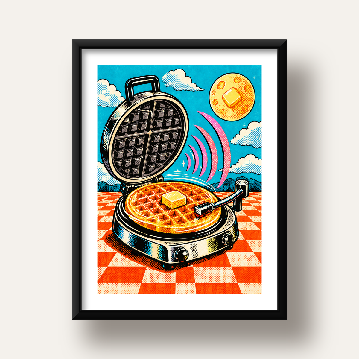 Retro Waffle Pikap Poster – Pop-Art, Müzikli Duvar Dekoru — siyah derin çerçeveli paspartulu