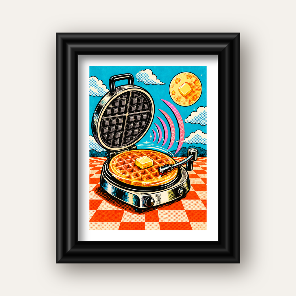 Retro Waffle Pikap Poster – Pop-Art, Müzikli Duvar Dekoru — siyah galeri çerçeveli paspartulu