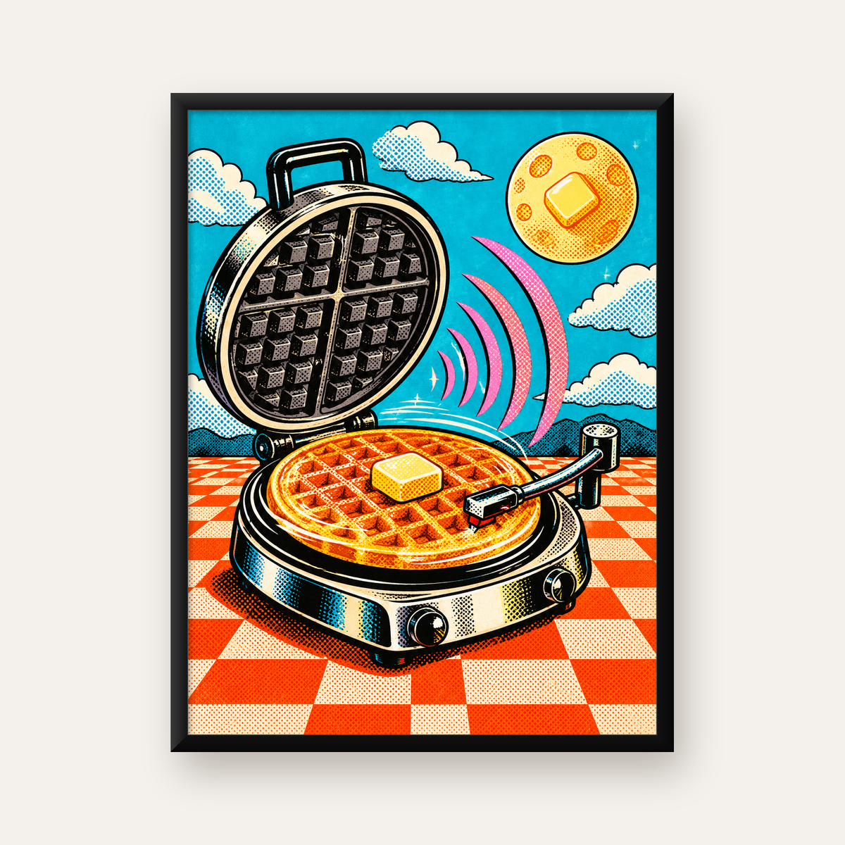 Retro Waffle Pikap Poster – Pop-Art, Müzikli Duvar Dekoru — Dikey baskı, düz siyah çerçeveli duvar posteri