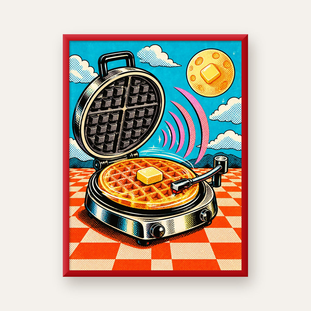 Retro Waffle Pikap Poster – Pop-Art, Müzikli Duvar Dekoru — kırmızı çerçeveli