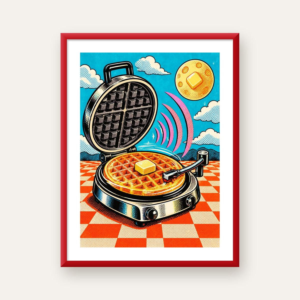 Retro Waffle Pikap Poster – Pop-Art, Müzikli Duvar Dekoru — kırmızı çerçeveli paspartulu