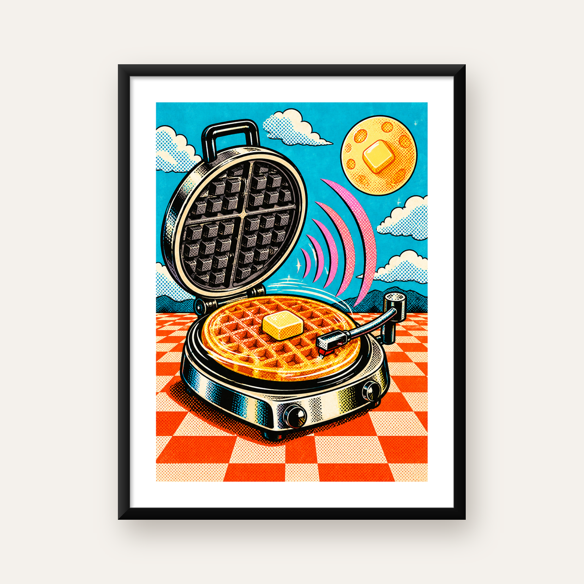 Retro Waffle Pikap Poster – Pop-Art, Müzikli Duvar Dekoru — Dikey baskı, beyaz paspartulu