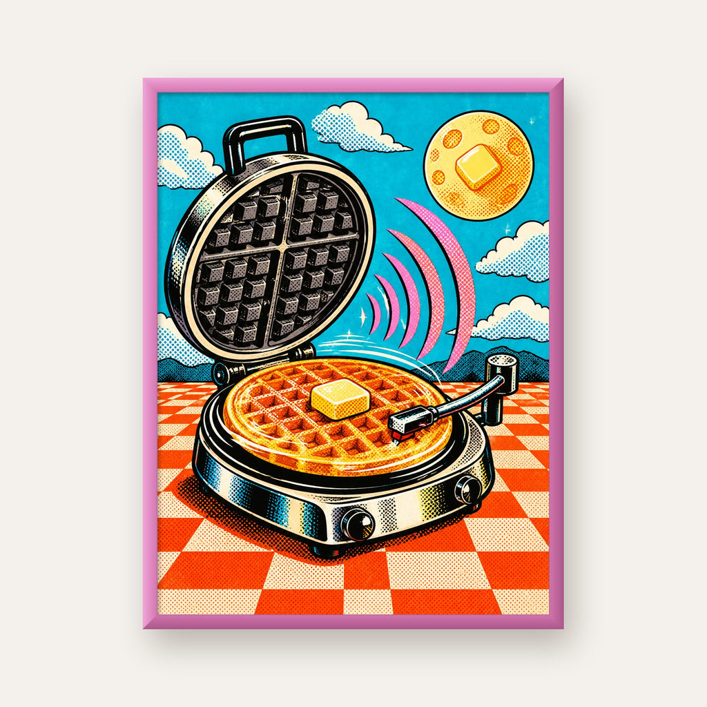 Retro Waffle Pikap Poster – Pop-Art, Müzikli Duvar Dekoru — pembe çerçeveli