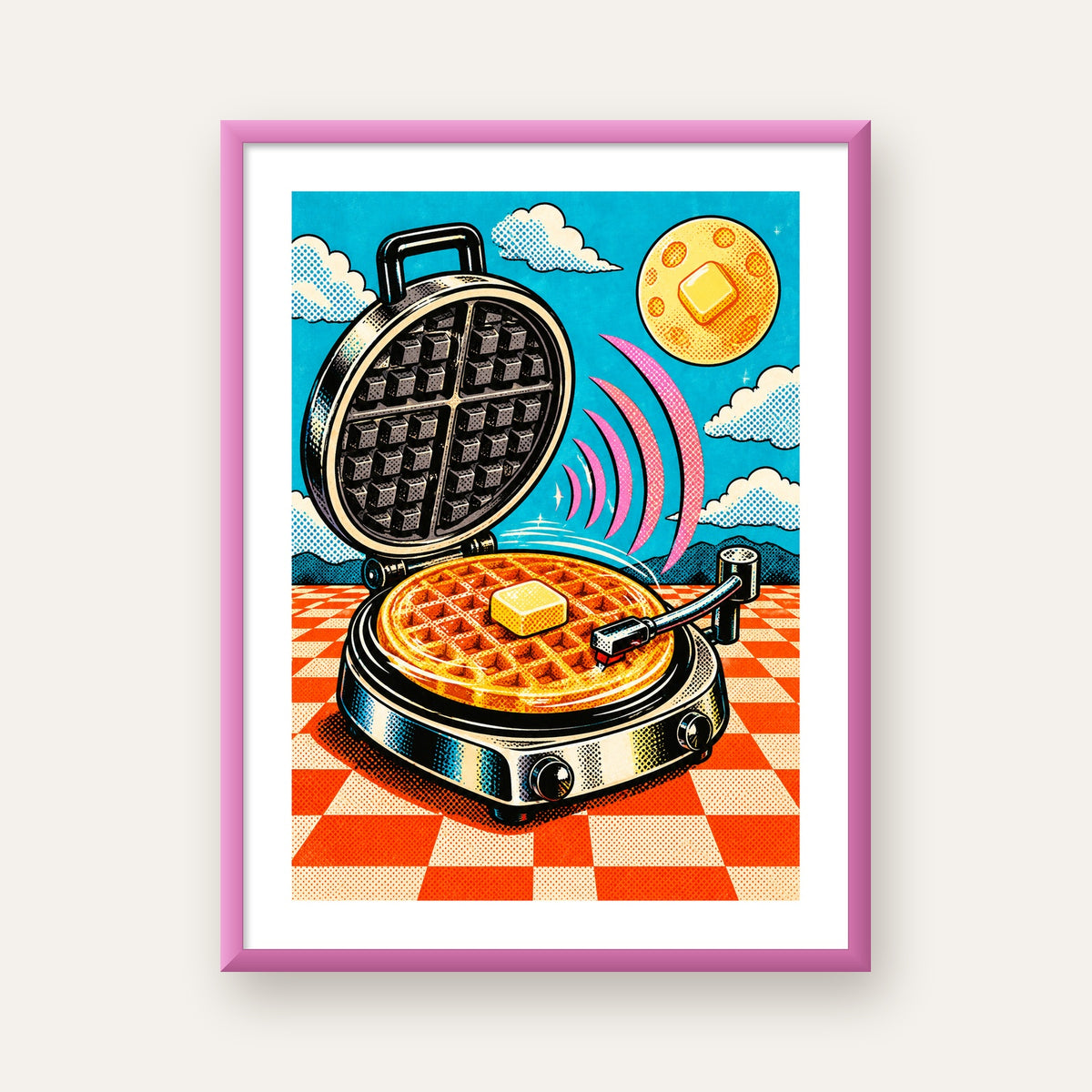 Retro Waffle Pikap Poster – Pop-Art, Müzikli Duvar Dekoru — pembe çerçeveli paspartulu