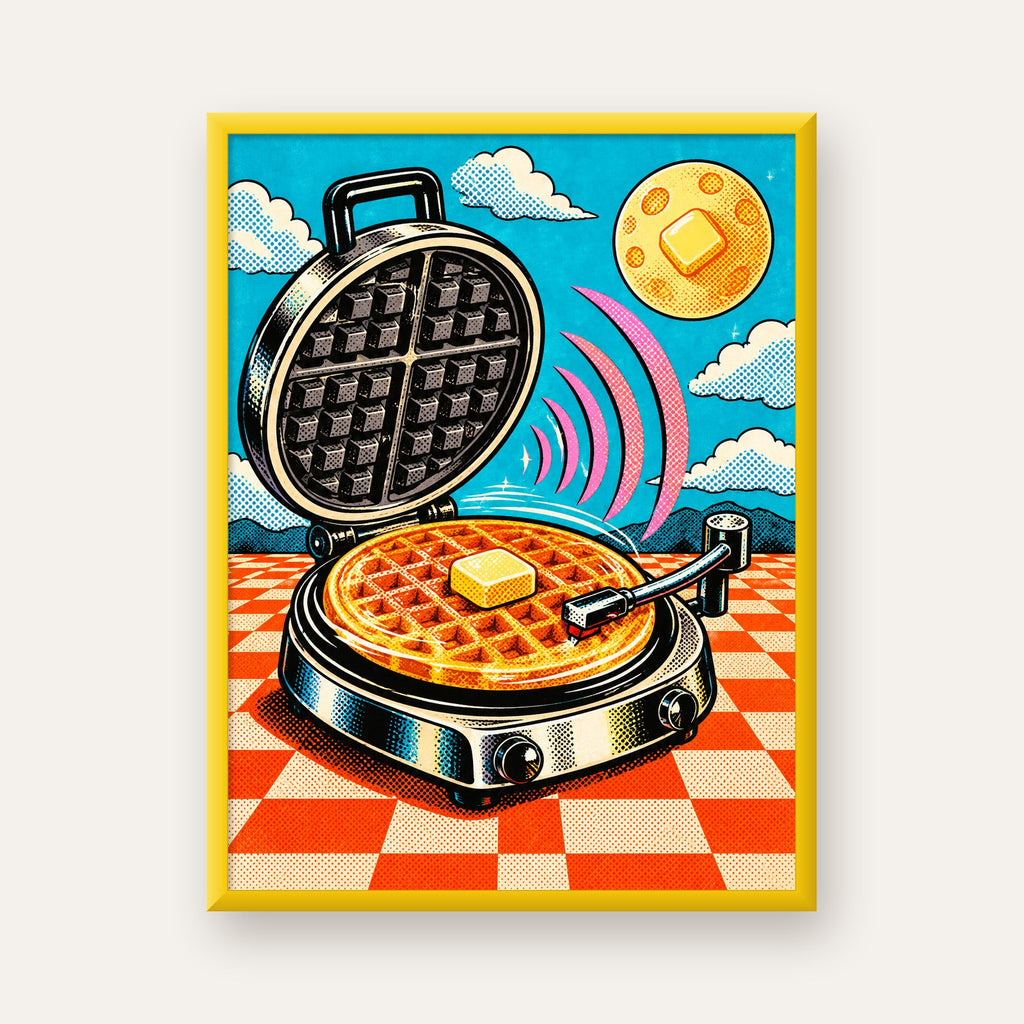 Retro Waffle Pikap Poster – Pop-Art, Müzikli Duvar Dekoru — sarı çerçeveli
