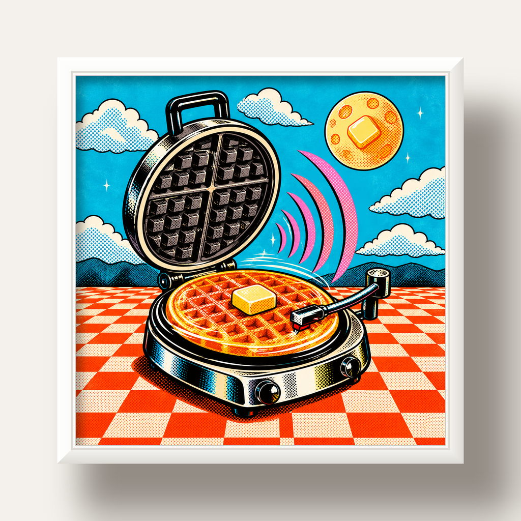 Retro Waffle Pikap Poster – Pop-Art, Müzikli Duvar Dekoru — beyaz derin çerçeveli